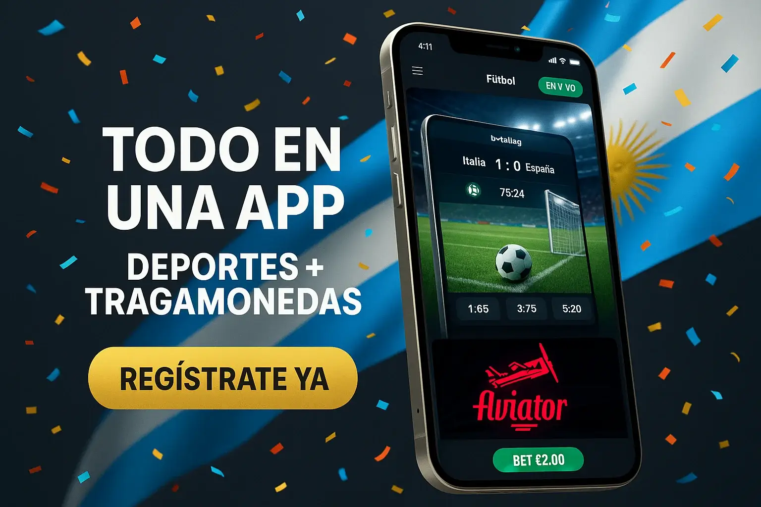 Banner publicitario con texto Todo en una app, Aviator y apuesta de fútbol