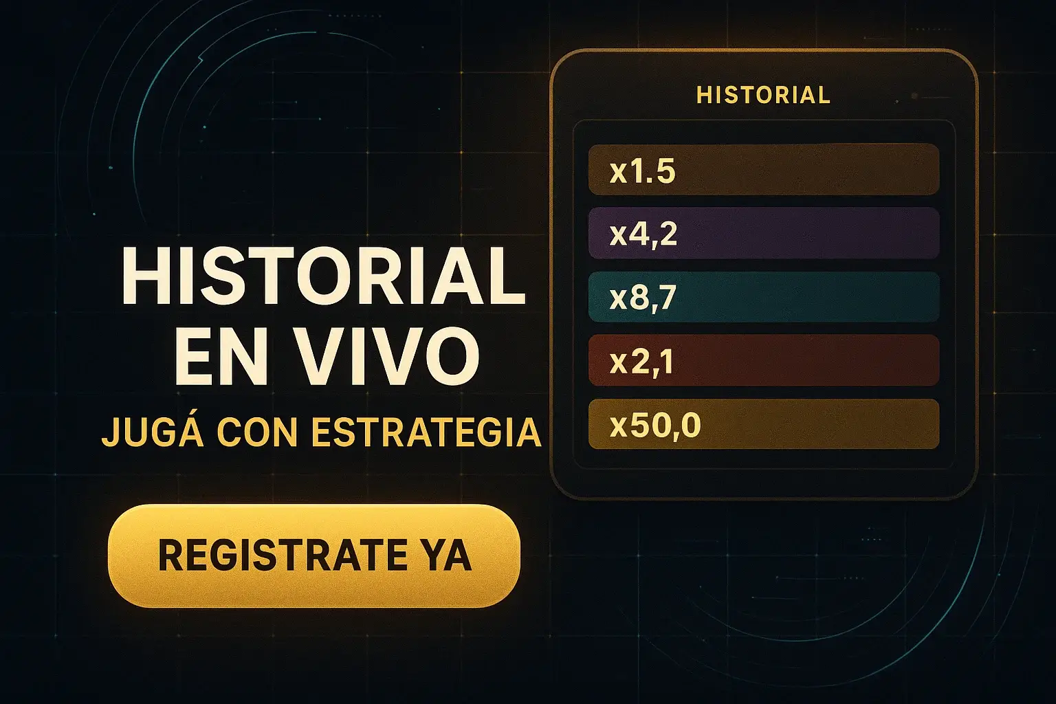 Banner casino Aviator con historial en vivo, CTA Registrate ya y estadísticas