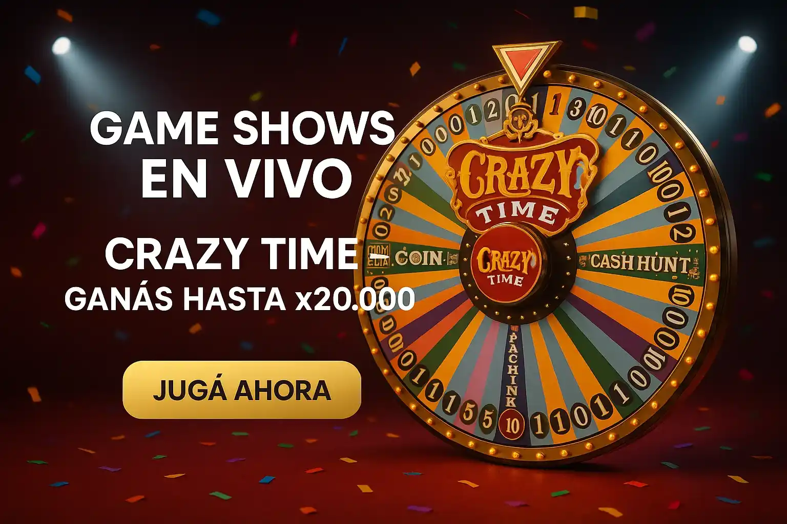 Banner de casino en vivo con rueda Crazy Time y botón Jugá Ahora