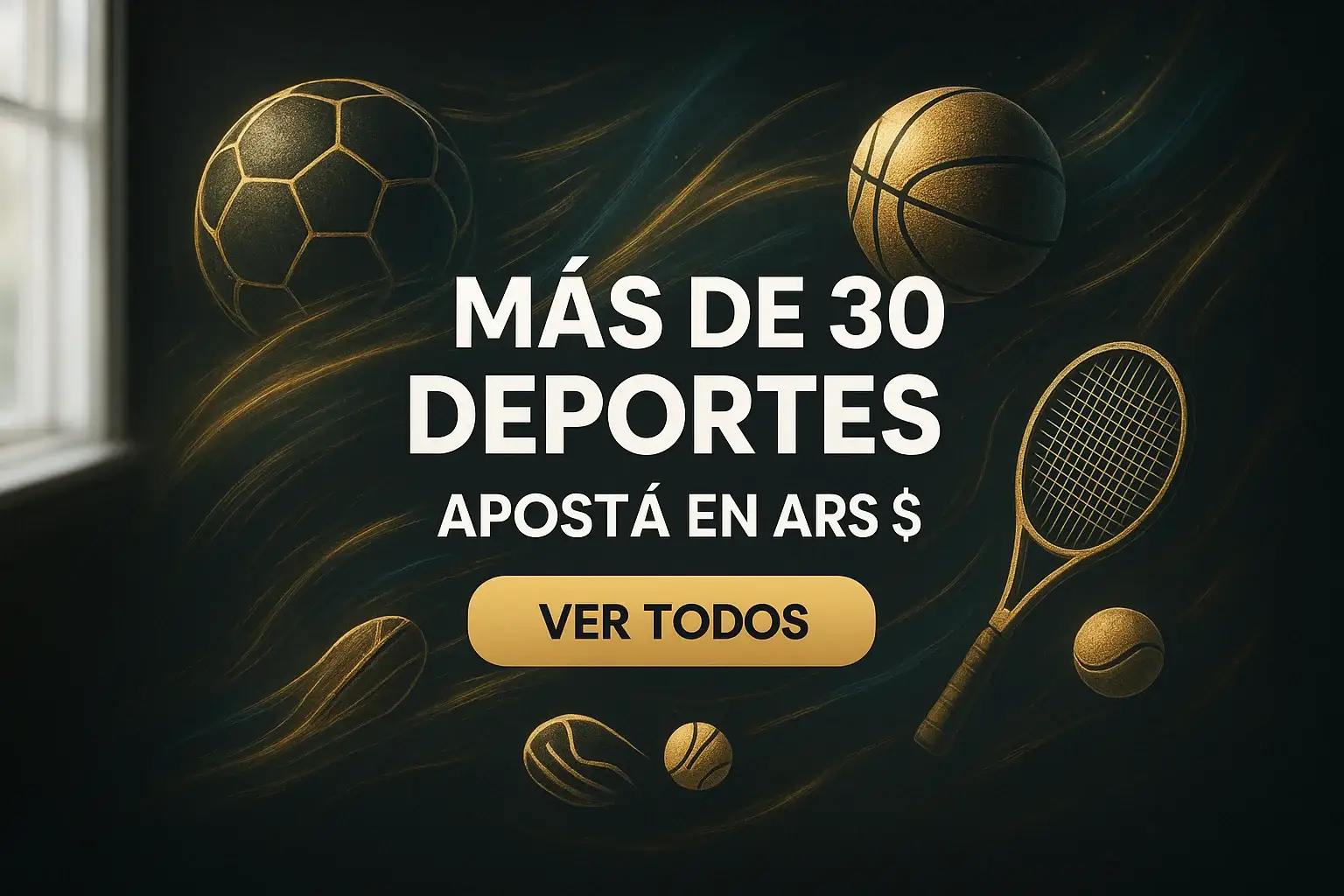 Banner casino deportes, vos apostá en ARS, fútbol básquet tenis en dorado y celeste