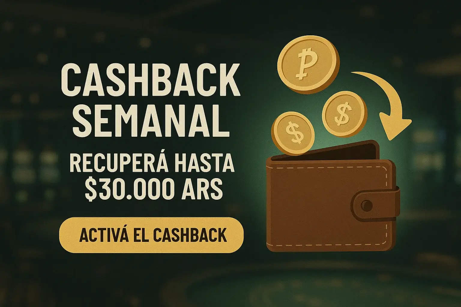 Banner de casino con cashback semanal, pesos argentinos y botón dorado