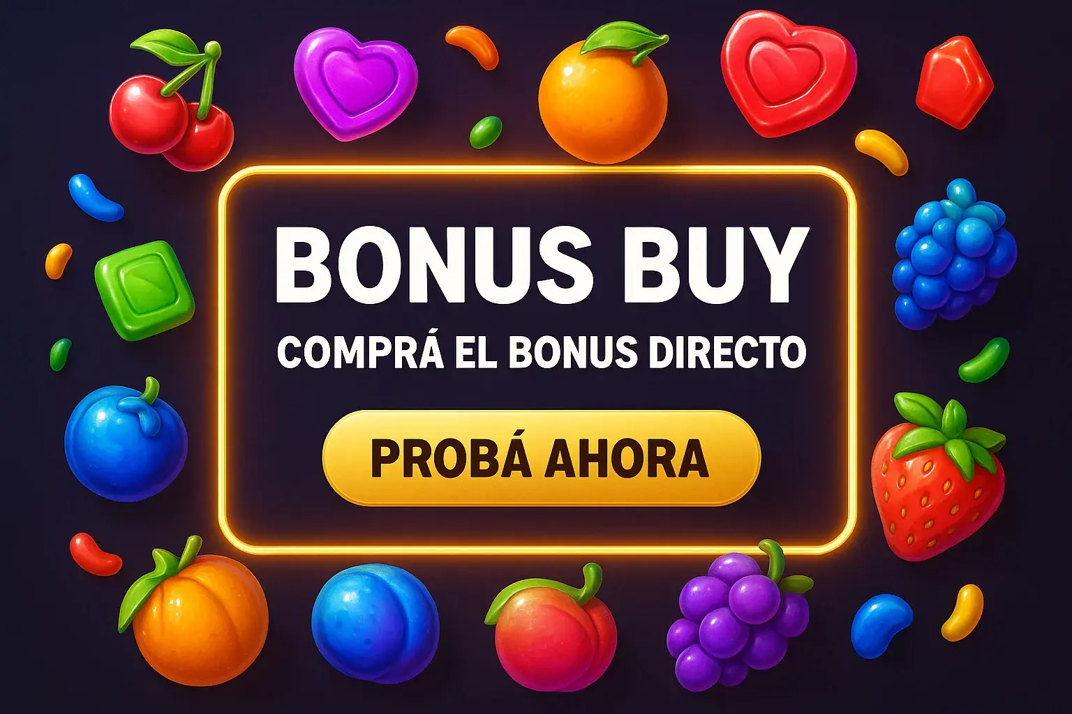 Banner de tragamonedas con frutas coloridas, marco neón dorado y botón Probá Ahora